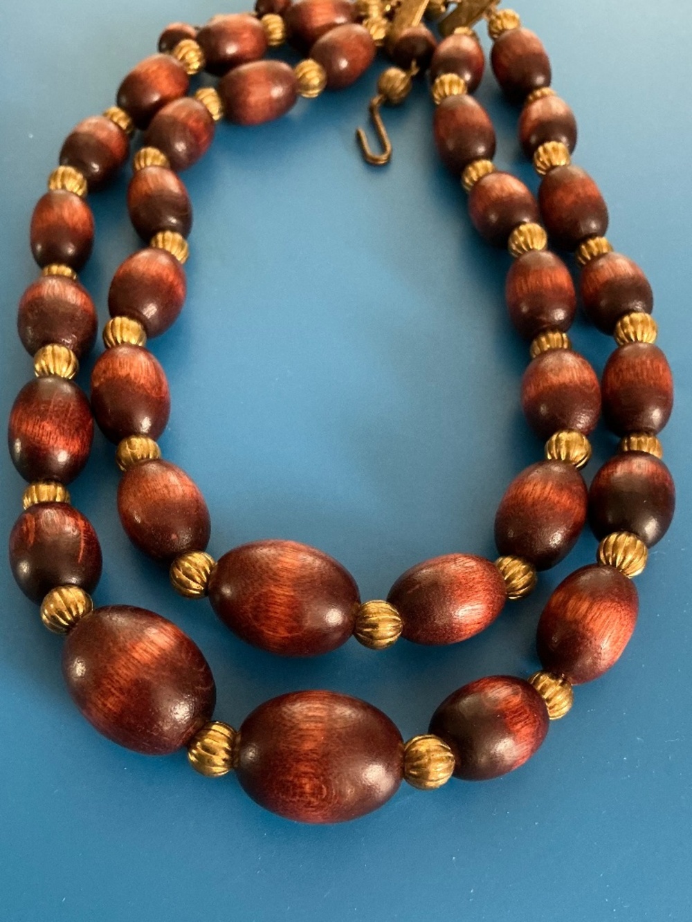 Vintage 1960s Double Strand Wood Bead Necklace Adjustable Statement Choker - Picture 3 of 15